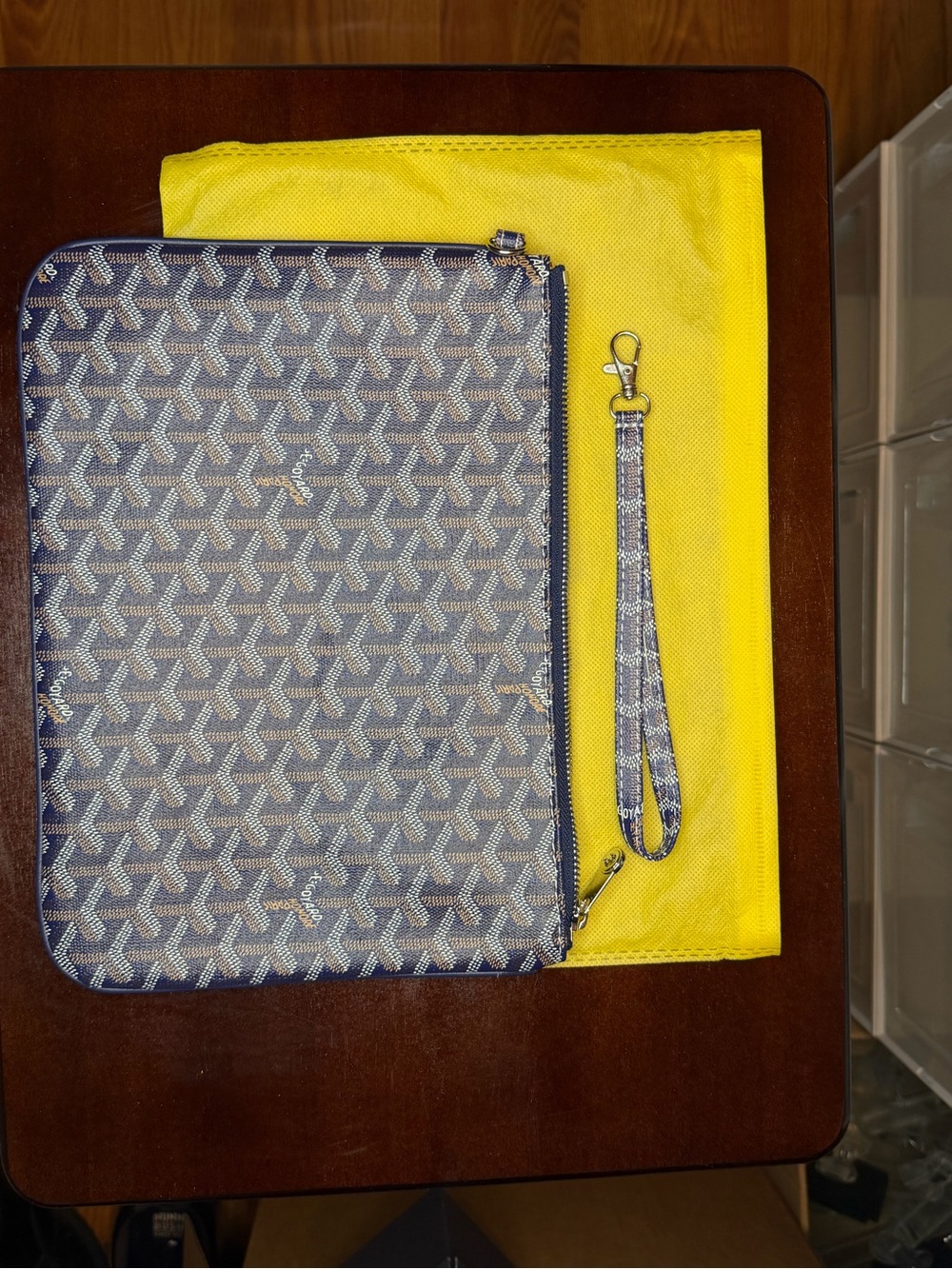 Goyard Sénat MM Pouch Navy Blue Goyardine Canvas Clutch Wristlet / NO BOX
